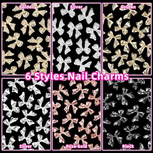 Uotey 60 Pcs Metal Bow Nail Charms - 3D Alloy Bowknot Gems for Acrylic Nail Art