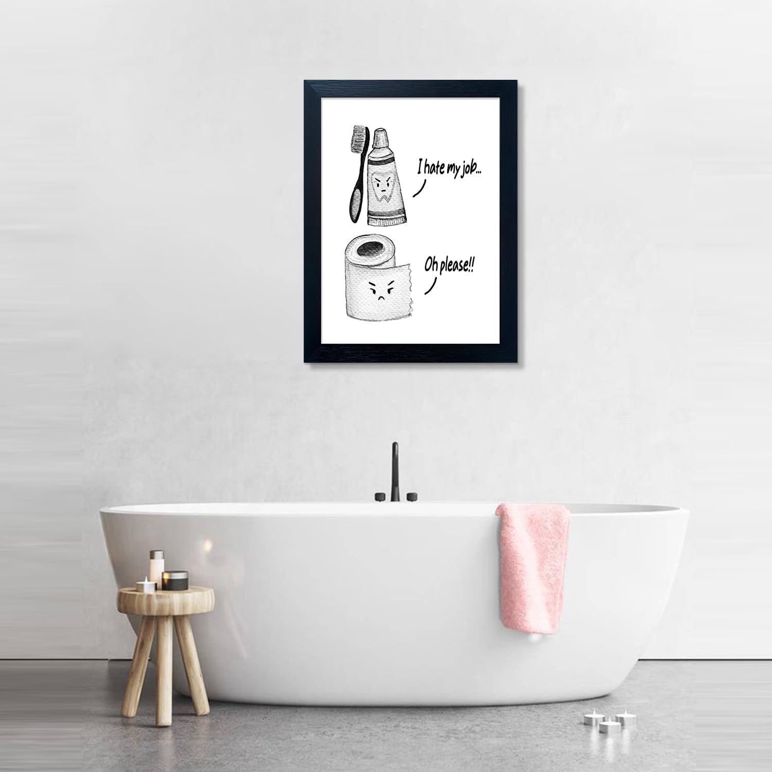 Skiennix Kids Bathroom Decor - Cute Children's Wall Art Canvas Print | Funny Framed Black and White Artwork