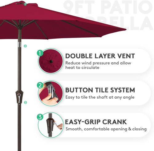 JEAREY 9FT Outdoor Patio Umbrella - Push Button Tilt & Crank | UV Protection, Waterproof - Brick Red