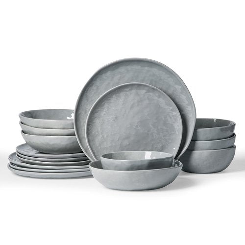 Famiware Porcelain kitchen plates and bowls set, Modern dishes set for 4, Handmade Wave Edge Dinnerware Sets, Microwave and Dishwasher Safe Tableware, Sleek Grey (16pc)