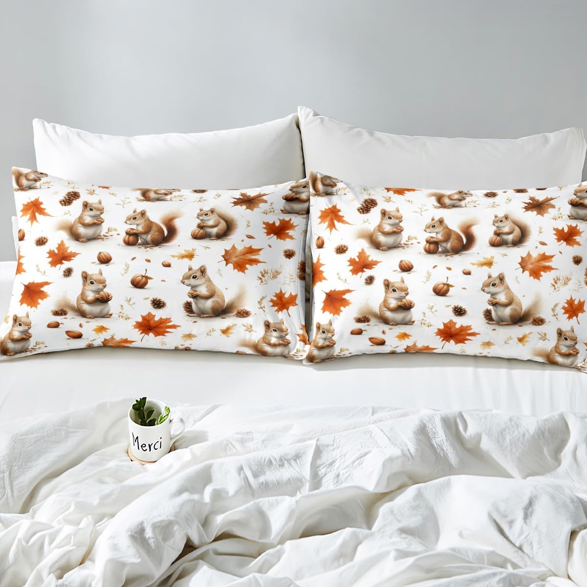 Feelyou Boys Girls Fall Autumn Sheet Set Queen Size, Cute Squirrel Bed Sheets Set Cartoon Animal Sheets with Deep Pocket Fitted Sheet Kids Maple Leaf Teens Bedding Set with 2 Pillow Case