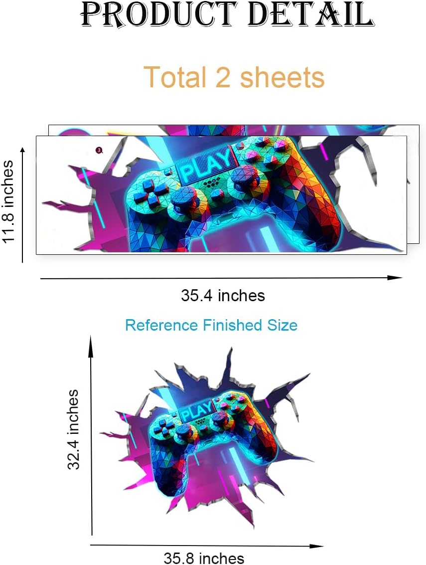 YIMEHDAN 3D Game Wall Decals - Removable Vinyl Stickers for Gaming Lovers | 35.8”x32.4” Playroom Decor