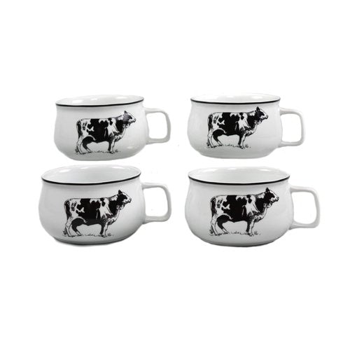 Omniware Country Farm 20oz Soup Bowl Mug Set of 4, Cow - Stoneware with Handle, Cartoon Animal Design, Dishwasher Safe - Rustic Farmhouse Charm for Cozy Meals & Hot Drinks