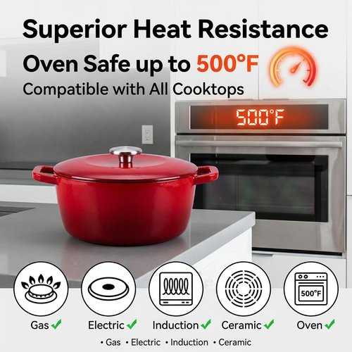 WOKINS 7QT Enamel Cast Iron Dutch Oven with Lid,Dual Handles,Versatile Heavy-Duty Non-toxic Cookware for Sourdough Bread Baking,Braising,Stews,Roasting,Oven Safe up to 500°F red