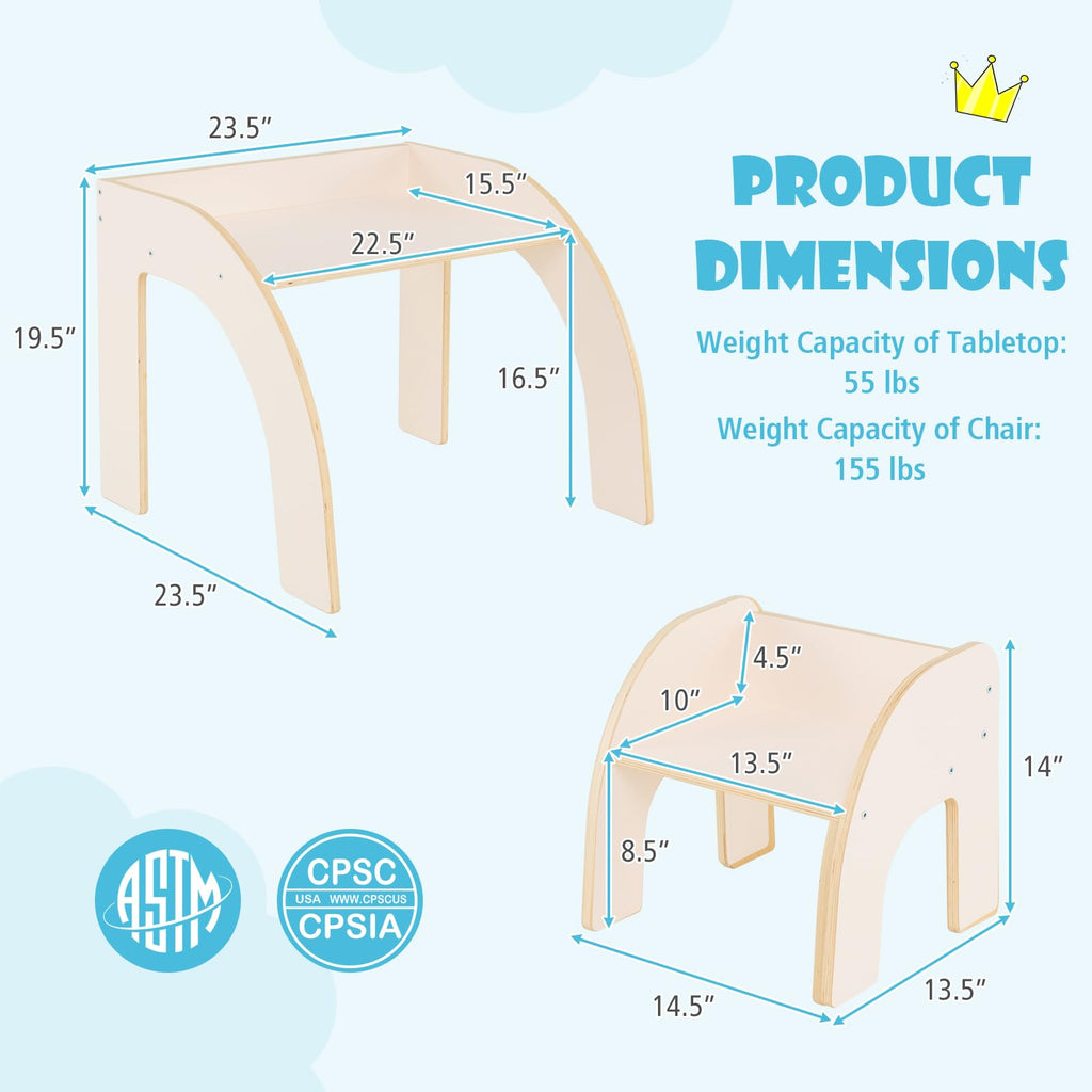 Costzon Kids Table and Chairs, Montessori Weaning Wooden Desk and Chair w/Wide Tabletop, Curved Edges, Space-Saving Design for Kids' Room, Nursery and Playroom, Toddler Table and Chair Set (Beige)