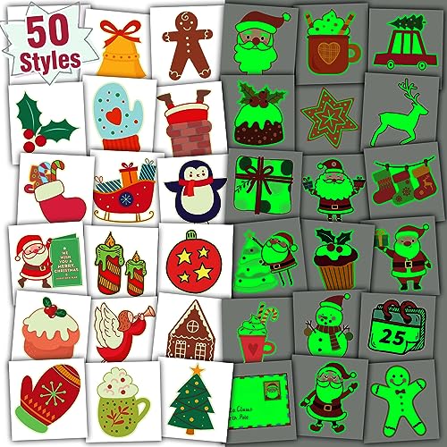 PARTYWIND Luminous Christmas Temporary Tattoos - 50 Styles Glow-in-the-Dark Stocking Stuffers for Kids