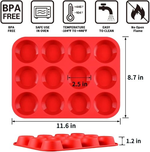 CAKETIME Silicone Muffin Pan - 12-Cup Nonstick Baking Tray Set | Food-Grade Silicone, 3 Pack