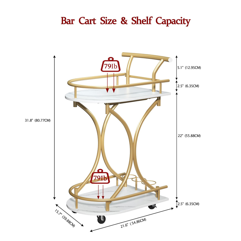 Maiproo Bar Cart with Wheels Handle Rolling Home Bar Serving Carts 2 Tier Curved Anti-Collision Storage Small Trolley with Wine Rack and Glass Holder for Kitchen Dining Room Living Room Gold