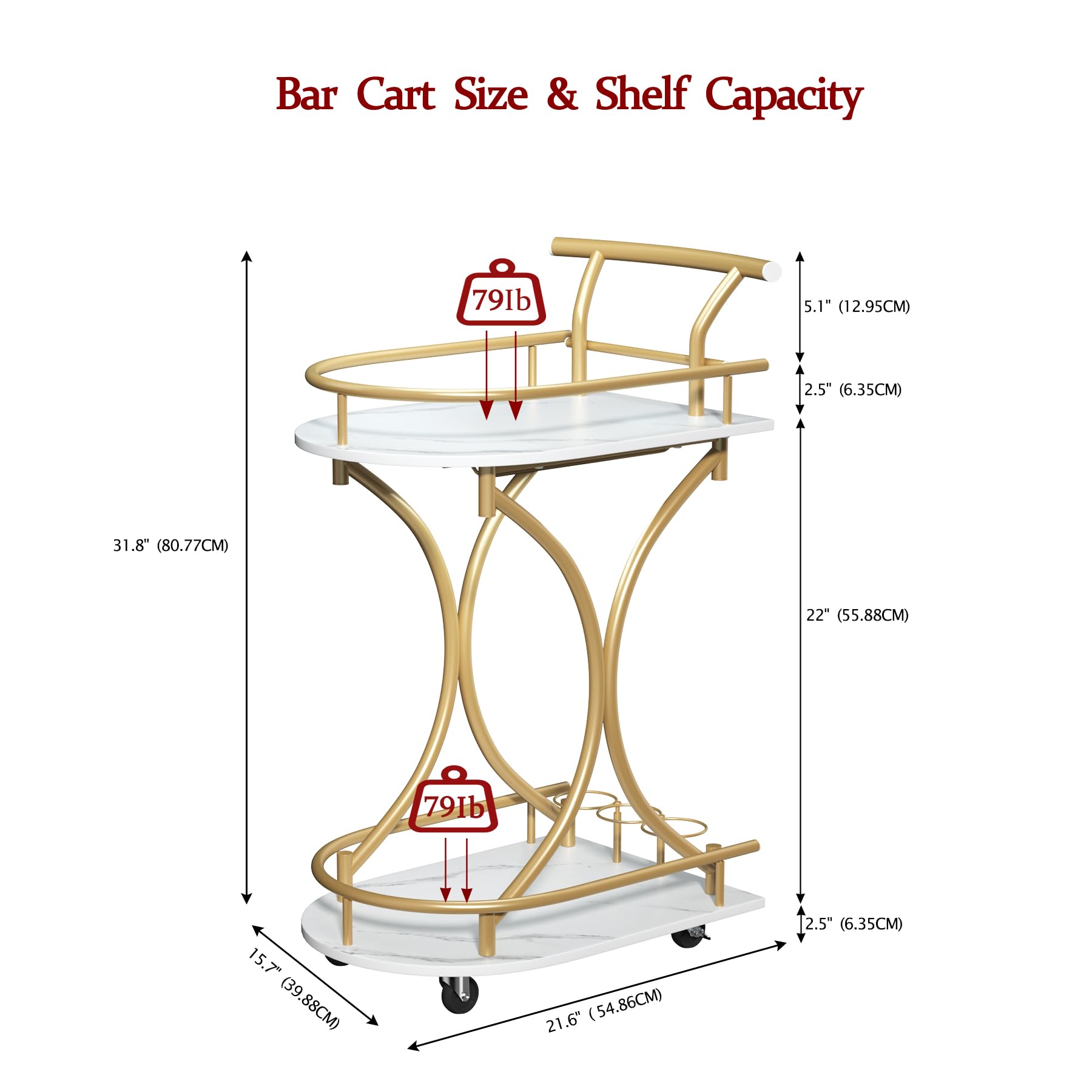 Maiproo Bar Cart with Wheels Handle Rolling Home Bar Serving Carts 2 Tier Curved Anti-Collision Storage Small Trolley with Wine Rack and Glass Holder for Kitchen Dining Room Living Room Gold