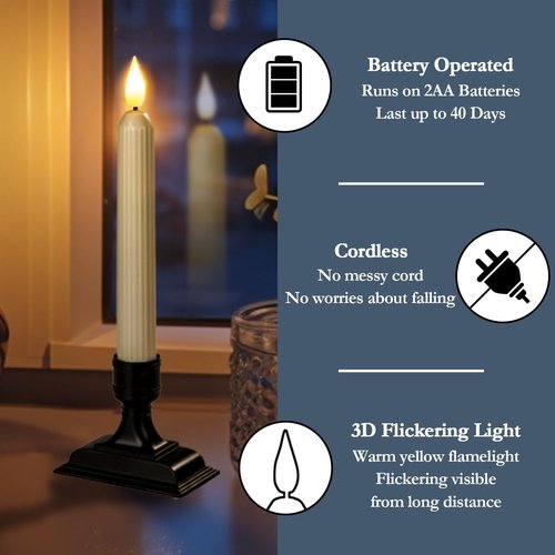 Homemory 6 Pcs Electric Window Candles - Dusk to Dawn Sensor, Ivory Flickering LED with Black Holders for Holiday Decor