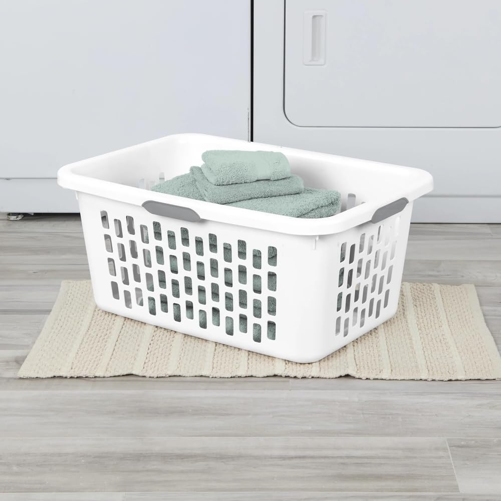 Skiennix Large Plastic Laundry Basket - Rectangle Bin with Grip Handles | 2 Bushel Capacity, White