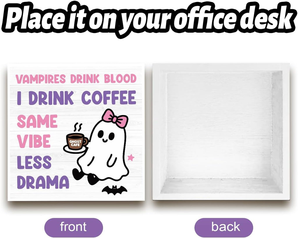 Skiennix Halloween Office Decor - Cute Ghost Coffee Bar Sign for Home & Bedroom | 5x5 Inches