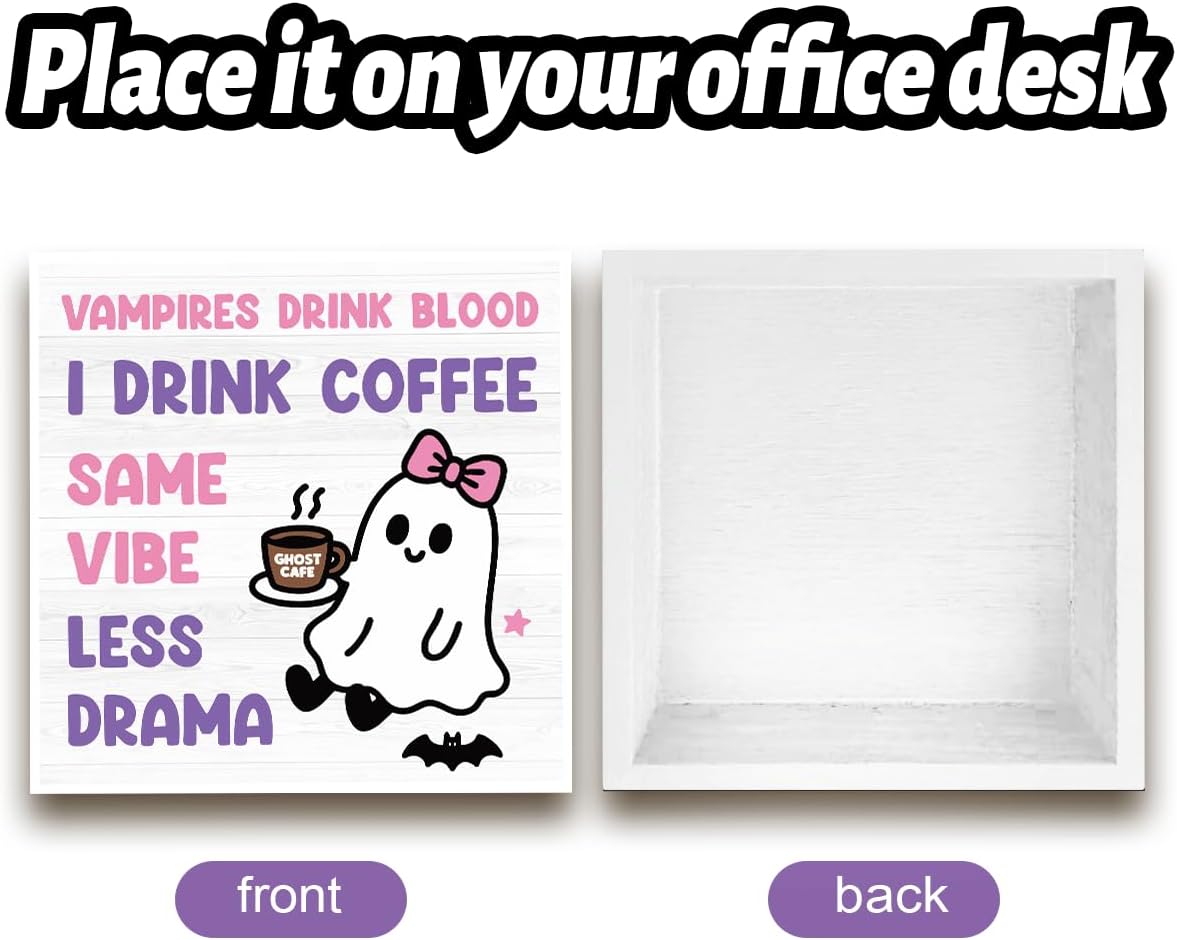 Skiennix Halloween Office Decor - Cute Ghost Coffee Bar Sign for Home & Bedroom | 5x5 Inches