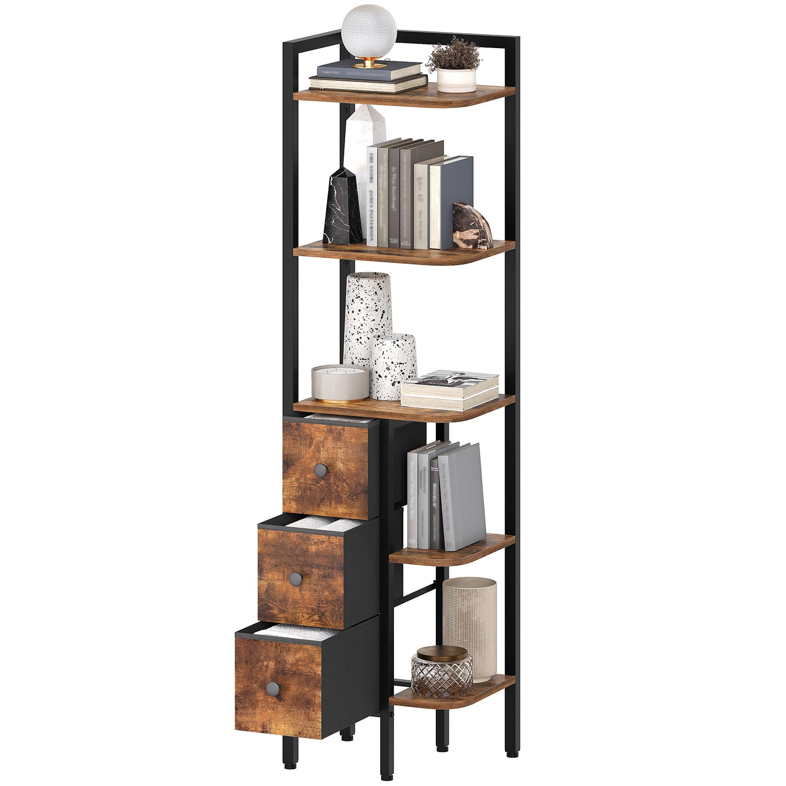 YATINEY Corner Shelf Stand, 5-Tier Corner Bookshelf with 3 Drawers, Industrial Display Shelf for Narrow Spaces, Wooden Small Bookcase, Easy Assembly, Rustic Brown and Black CJ10BR