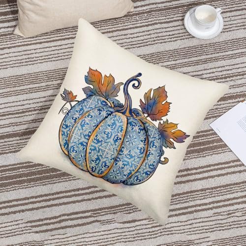 Fukeen Blue Pumpkin & Maple Leaves 16x16 Fall Pillow Cover