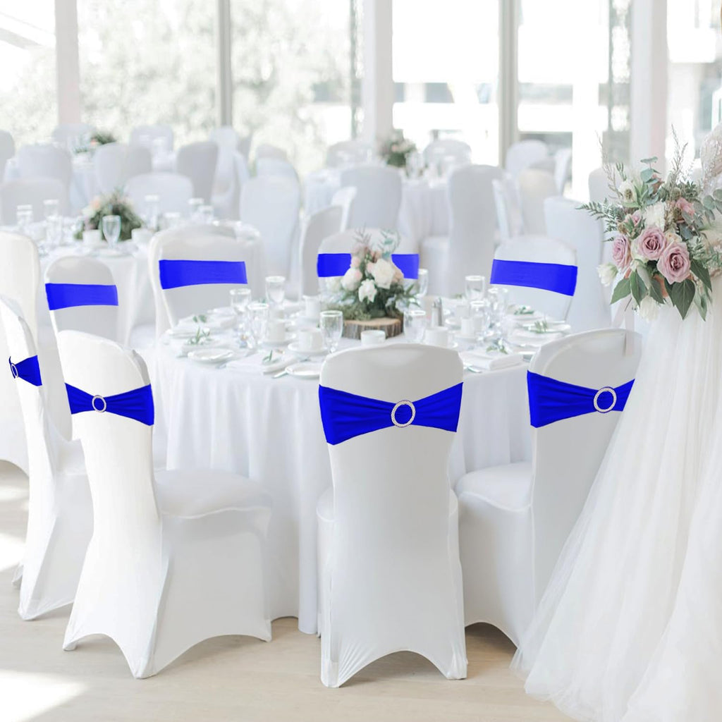 WJWHQ Spandex Stretch Chair Sashes - 100PCS Elastic Covers with Buckle Slider for Weddings & Events | Royal Blue