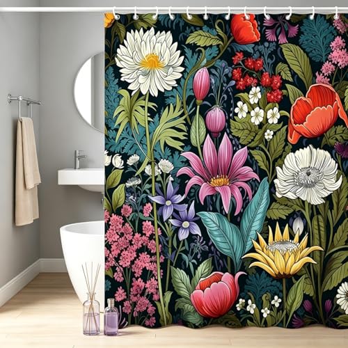 Colorful Floral Shower Curtain Set - Waterproof 72x72 Inch with Hooks