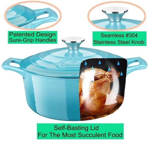 La Cuisine Enameled Cast Iron Dutch Oven Casserole Dish Pot with Lid, 5 QT 10.2" /26cm Dia. Internal Matt Black Enamel Coating for bread baking,Teal Enamel Finish Exterior, Oven Safe up to 500° F