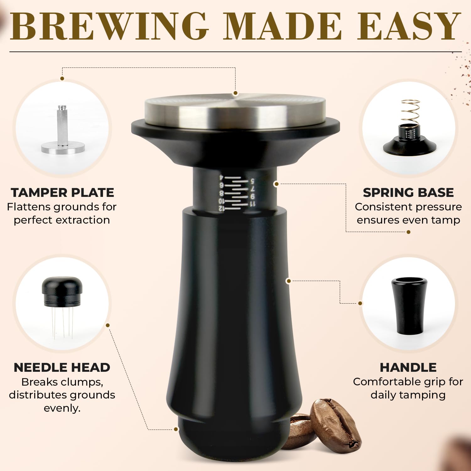 2-in-1 Espresso Tamper & WDT Stirrer Tool – 53mm Coffee Tamper with 10 Extra Needles (0.25mm & 0.4mm) – Stainless Steel Dual Sided Distributor for Even Extraction & Barista Quality Espresso (53 mm)