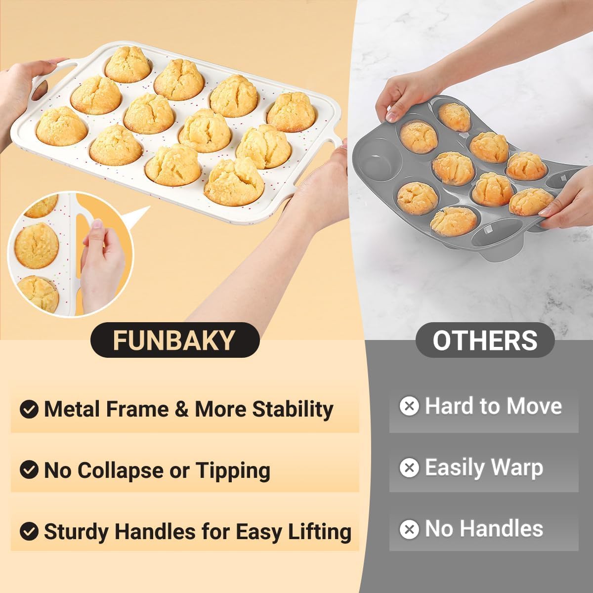 Skiennix Silicone Muffin Pan - Nonstick 12-Cup Baking Tray with Metal Reinforced Frame | BPA Free & Dishwasher Safe