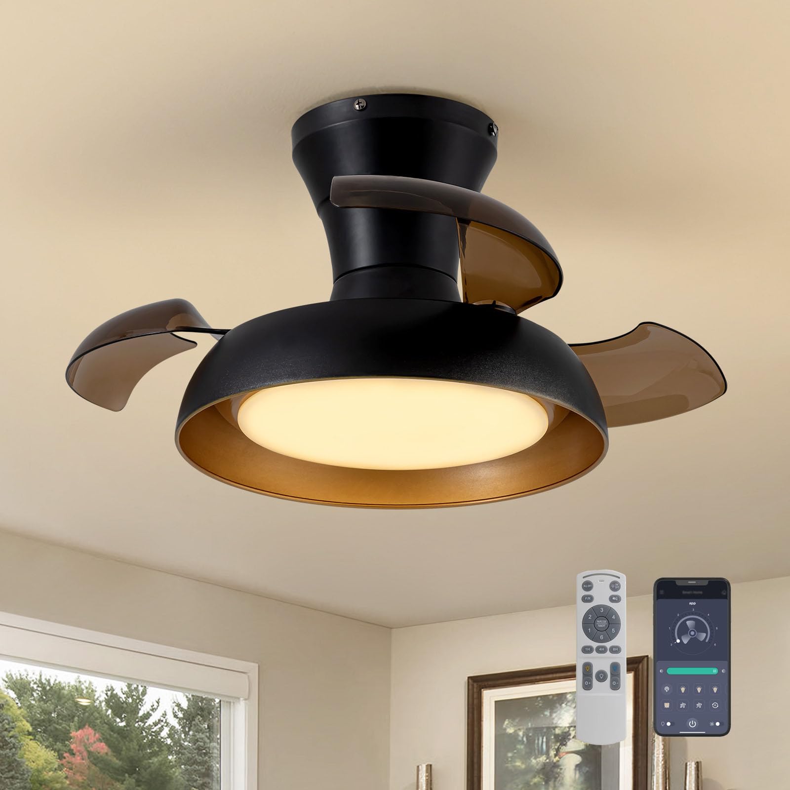APBEAMLighting 23 Inch Black and Gold Ceiling Fan with Light and Brown Retractable Blades Small Led Light Fixture Ceiling Modern Fandelier Fan Lights Cei ling Fixtures for Bedroom Dining Room Kitchen