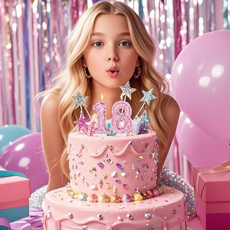 CasaPopz Number 5 Glitter Pink Birthday Candle - Princess Cake Topper