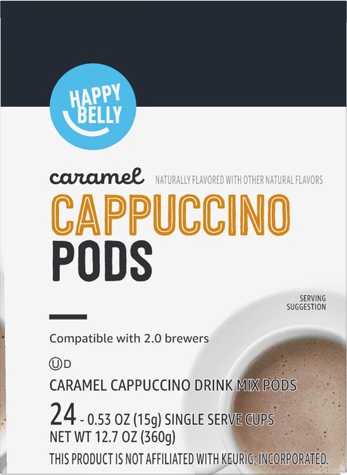 Happy Belly Cappuccino Coffee Pods - Light Roast Caramel Flavor | 24 Count Compatible With K-Cup Brewers