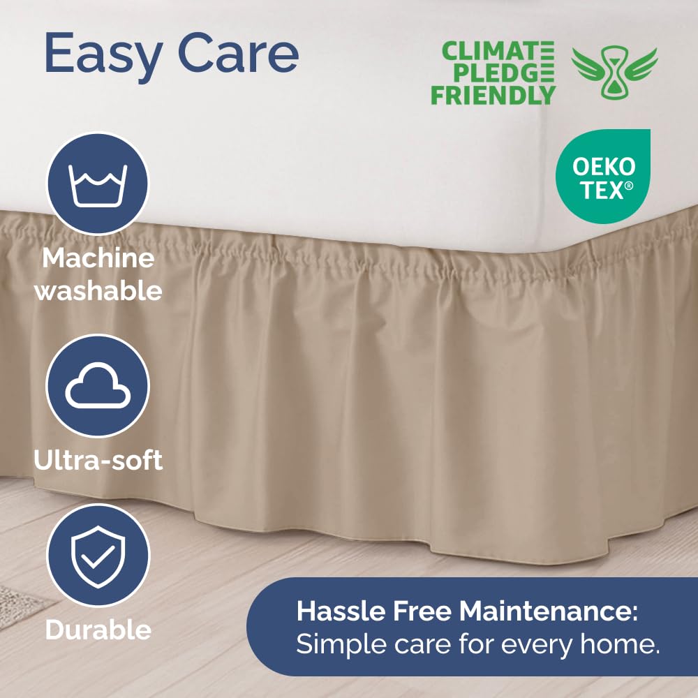Wrap Around Dust Ruffle Bed Skirt - Cream - for Queen Size Beds w/ 14 Inch Drop - Easy Fit Elastic Strap - Adjustable Pleated Bedskirt w/Brushed Fabric, Wrinkle & Fade Free Women, Men, Kids & Teens