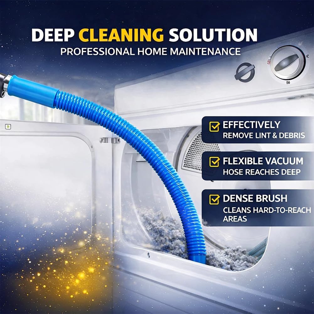 Upgraded Dryer Vacuum Hose Attachment - Universal Lint Removal Tool with Long Flexible Hose & Brush (Blue)