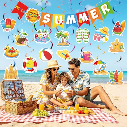 Summer Party Decorations Set - Summer.rich Tropical Banner & Hanging Swirls