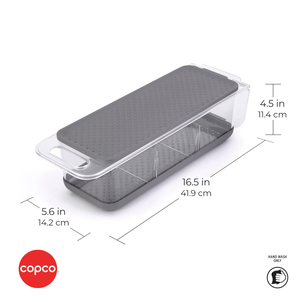 Copco Over the Sink Colander and Fridge Storage Bin with Folding Handle for Rinsing and Storing Fruits and Vegetables, Clear/Gray