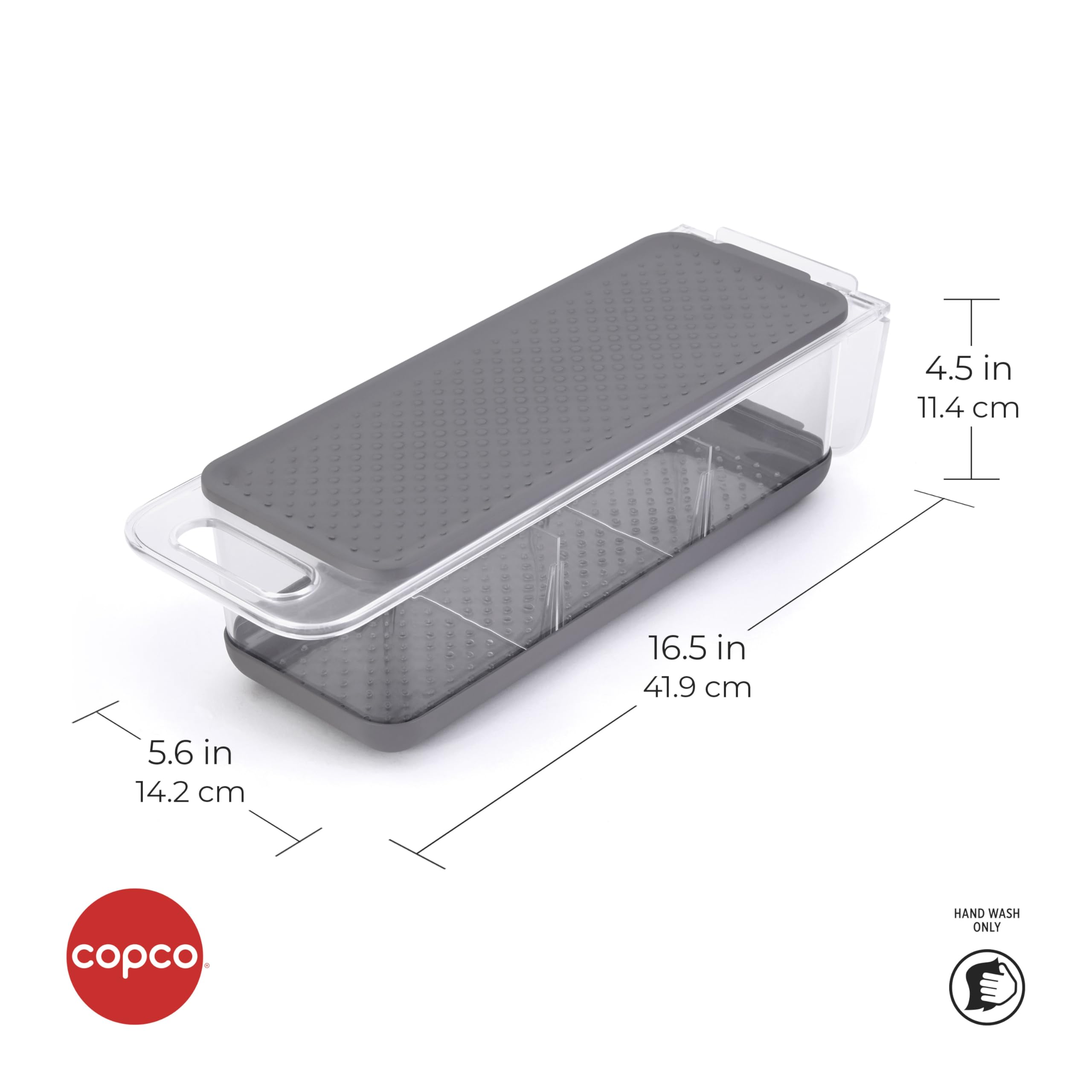 Copco Over the Sink Colander and Fridge Storage Bin with Folding Handle for Rinsing and Storing Fruits and Vegetables, Clear/Gray