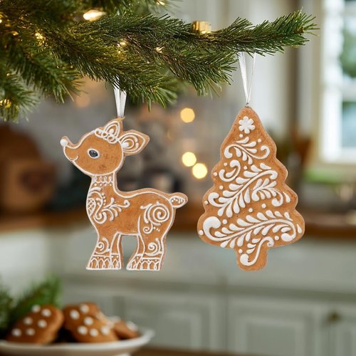 Cynkeyee Gingerbread Decorations - 2 Pcs Resin Tree & Deer Ornaments for Christmas | 4.5x0.5x3 IN
