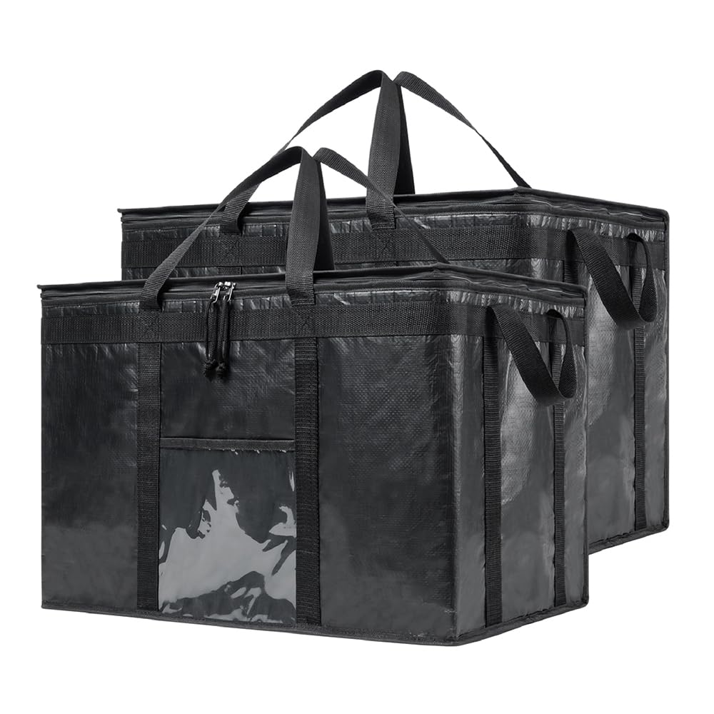 NZ home Insulated Bags for Food Delivery (3XL PRO) Grocery Shopping Cooler Bag, Pizza Delivery, Hot & Cold Catering Tote, Reusable, Foldable & Heavy Duty (2 Pack, Black)