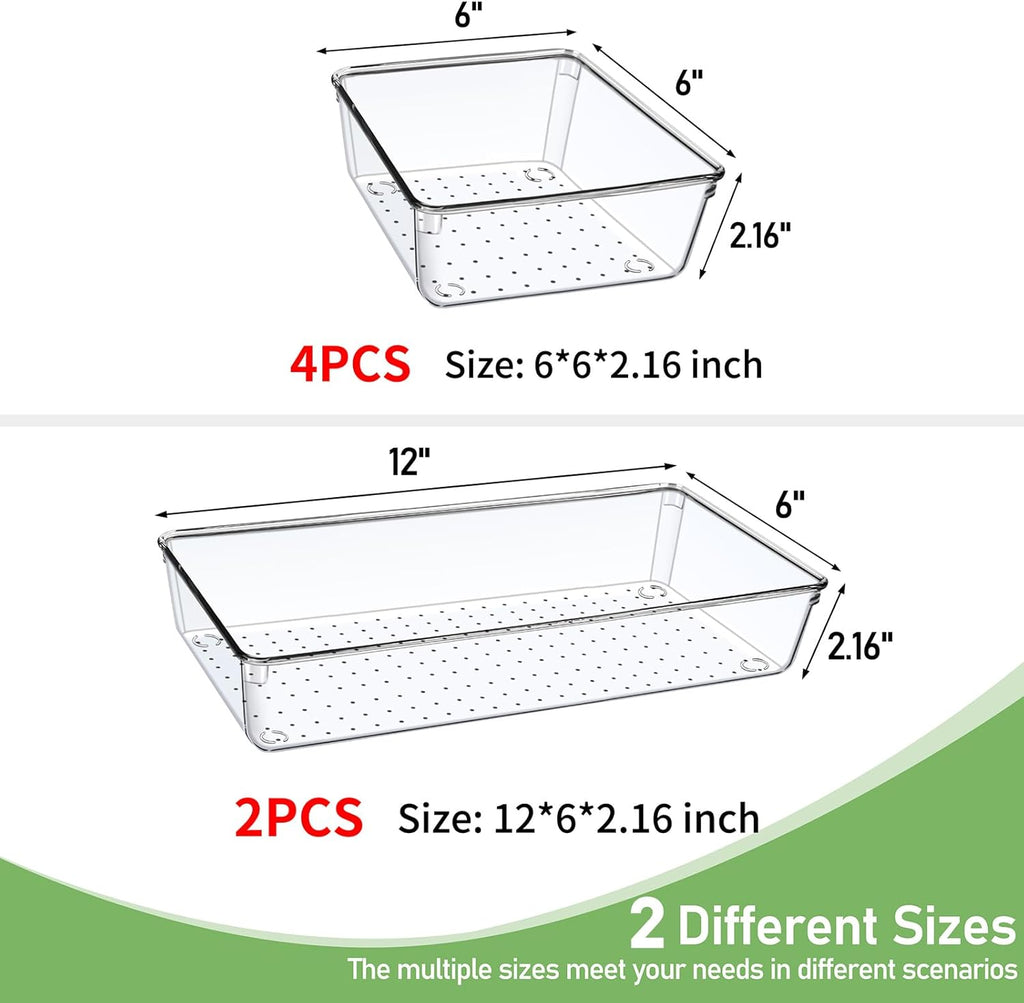 Skiennix Clear Plastic Drawer Organizer Tray - 6 PCS Large Size for Bathroom, Vanity & Office | 12'' Bins