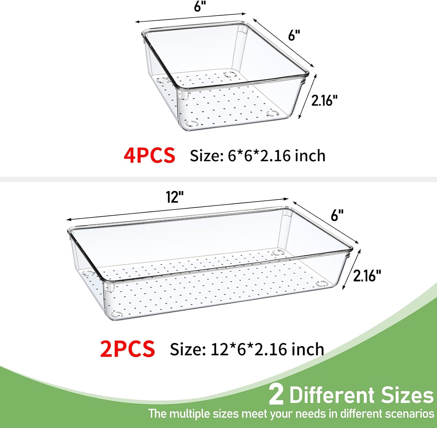 Skiennix Clear Plastic Drawer Organizer Tray - 6 PCS Large Size for Bathroom, Vanity & Office | 12'' Bins