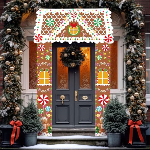 Retro Christmas Gingerbread House Door Cover Party Decorations Xmas Banner Outdoor Porch Sign