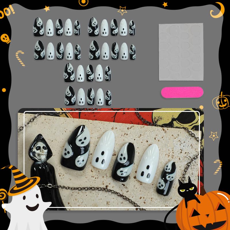 Halloween Press on Nails Medium Almond Ghost 3D False Nails 30Pcs