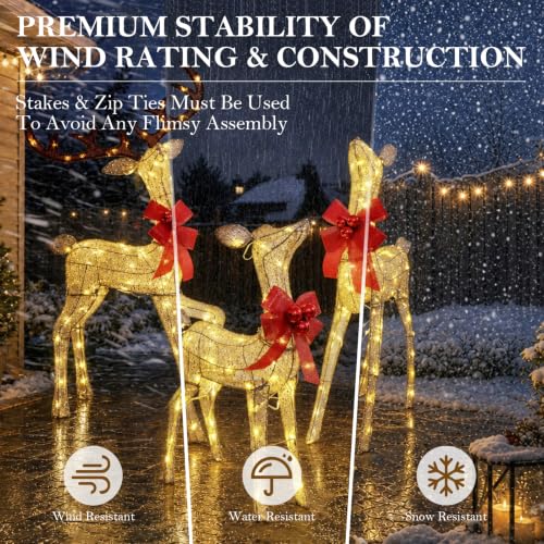 DrVIBES 3-Piece 4.3FT Gold 3D Lighted Christmas Reindeer Family Set - Outdoor Decor