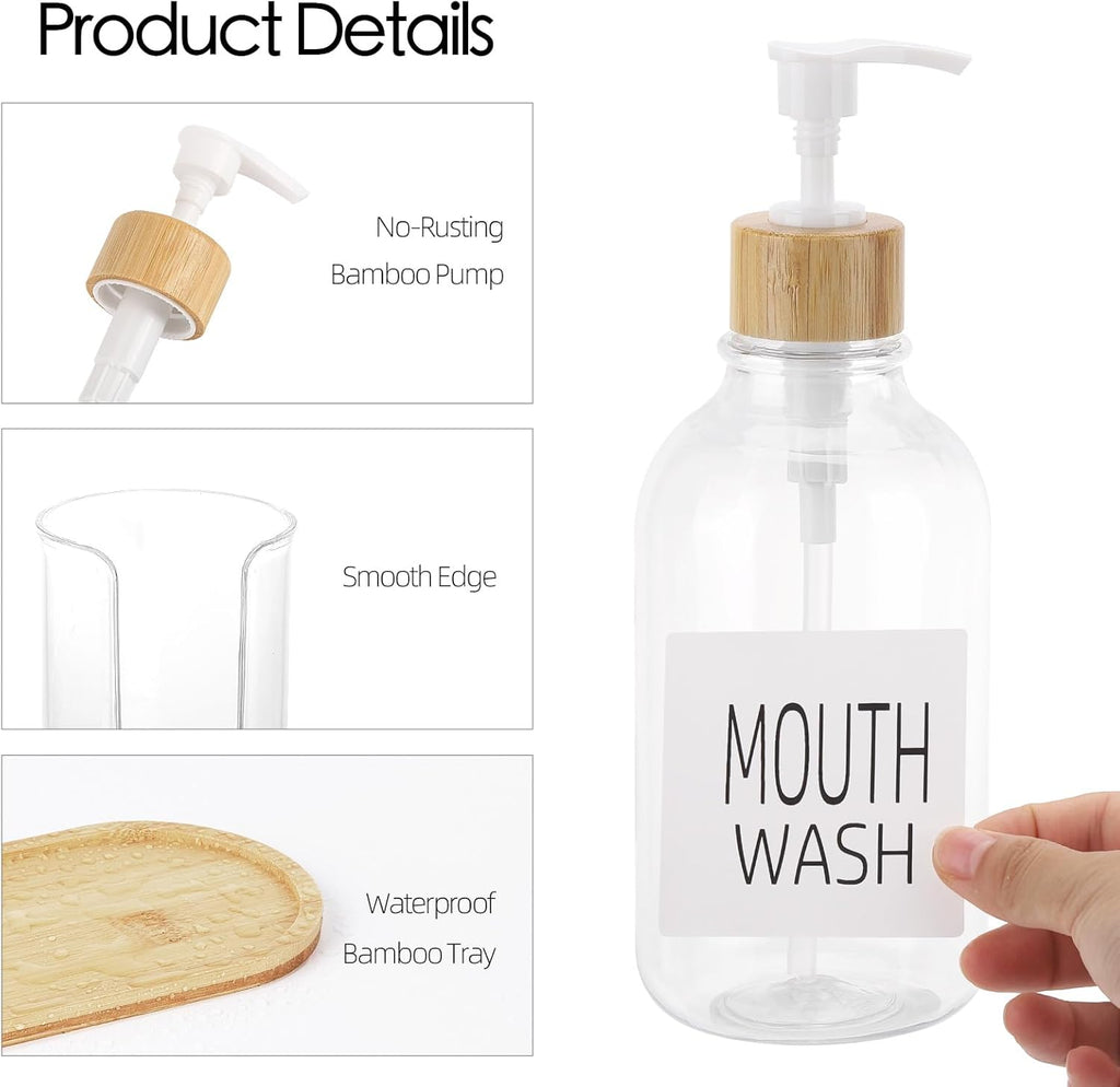 Regine Switzerland Mouthwash Dispenser - 17oz Refillable Clear Pump Bottle with Tray for Bathroom Organization
