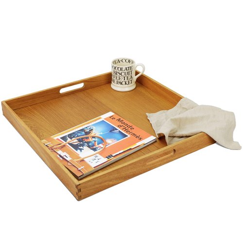 MAGIGO 19 x 19 Inches Large Square Teak Wood Ottoman Tray with Handles, Serve Tea, Coffee Classic Wooden Decorative Serving Tray