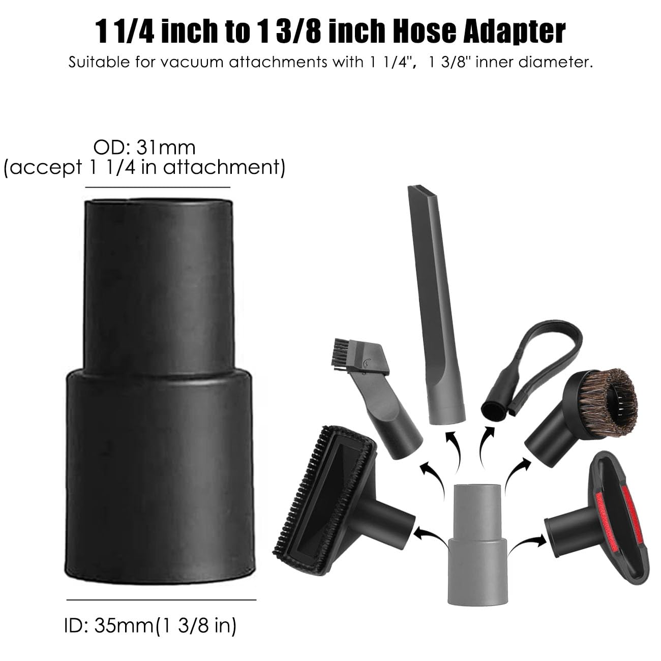 Vacuum Attachments Accessories, 1 1/4 inch Vacuum Cleaner Tools Kit Vacuum Dusty Brush with 32mm (1 1/4) inch & 35mm (1 3/8) inch Standard Hose Adapter, 7 Pack