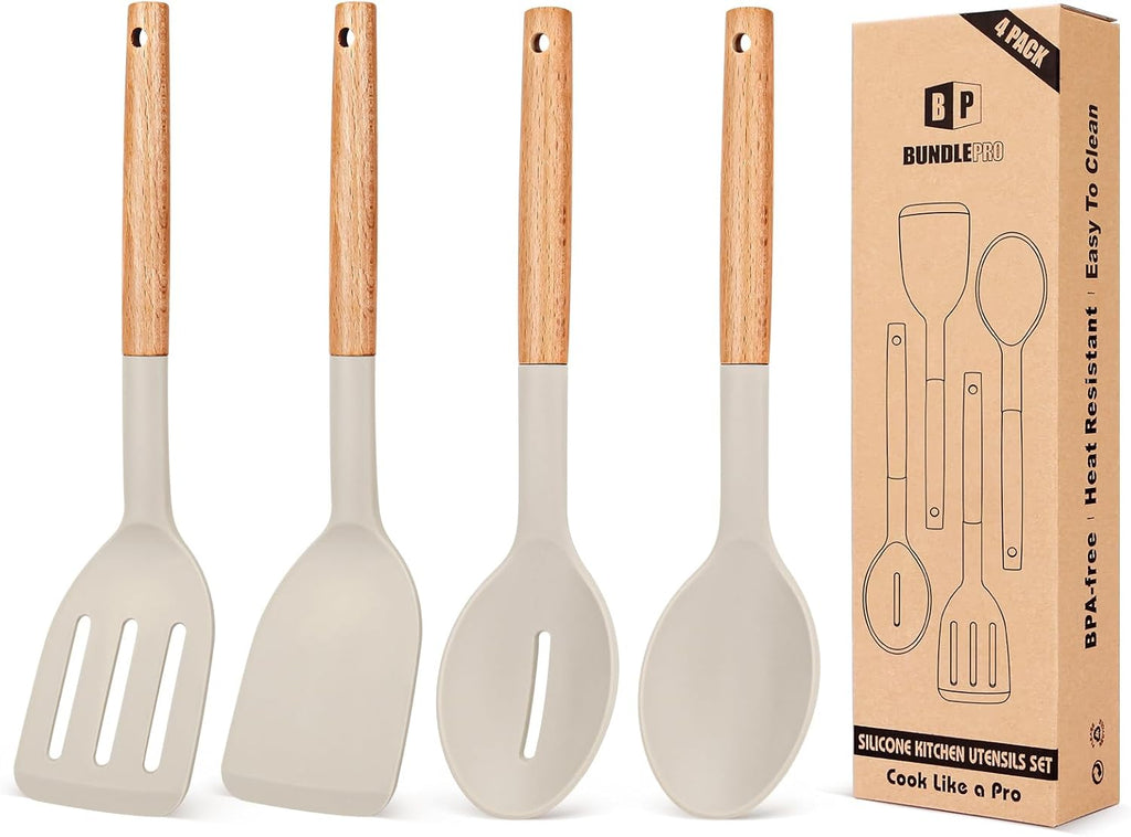 Skiennix Silicone Cooking Utensils Set - Non-Stick Spatulas & Heat-Resistant Spoons | 4-Piece Khaki Kitchen Set