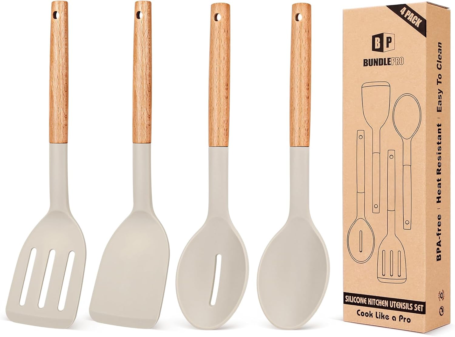 Skiennix Silicone Cooking Utensils Set - Non-Stick Spatulas & Heat-Resistant Spoons | 4-Piece Khaki Kitchen Set