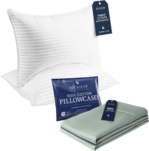 Beckham Hotel Collection Queen Pillows - Soft Down Alternative with Cotton Pillowcases | Set of 2, Aqua Gray