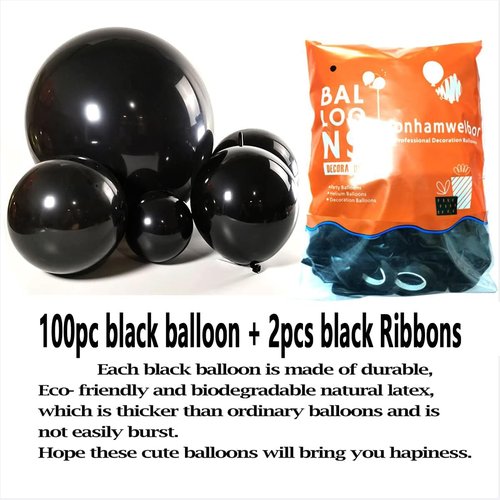 Jonhamwelbor Black Balloons - 12 Inch Metallic Chrome Latex Balloons for Birthday & Party Decor | 100 Pack