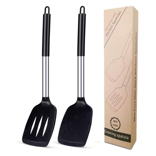 2 Pack Silicone Steel Sturdy Turner Spatula Set, Non-Stick Turner and Solid Spatula, High Heat Resistant BPA Free Cooking Kitchen Utensils - AR3T Collection - Black