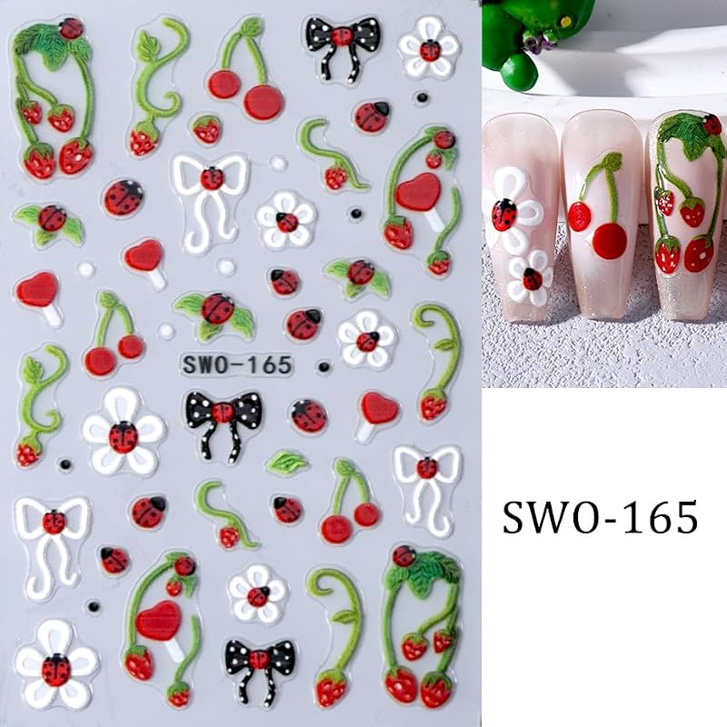 5D Embossed Nail Art Stickers Strawberry Ladybug Self-Adhesive Decals