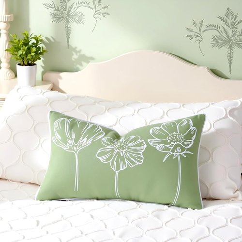 Sunkifover Decorative Floral Lumbar Pillow Cover 12x20 Inch Sage Green and White Cotton Embroidery Flower Throw Pillowcase Cushion Cover for Bed Bedroom, Living Room, Sofa