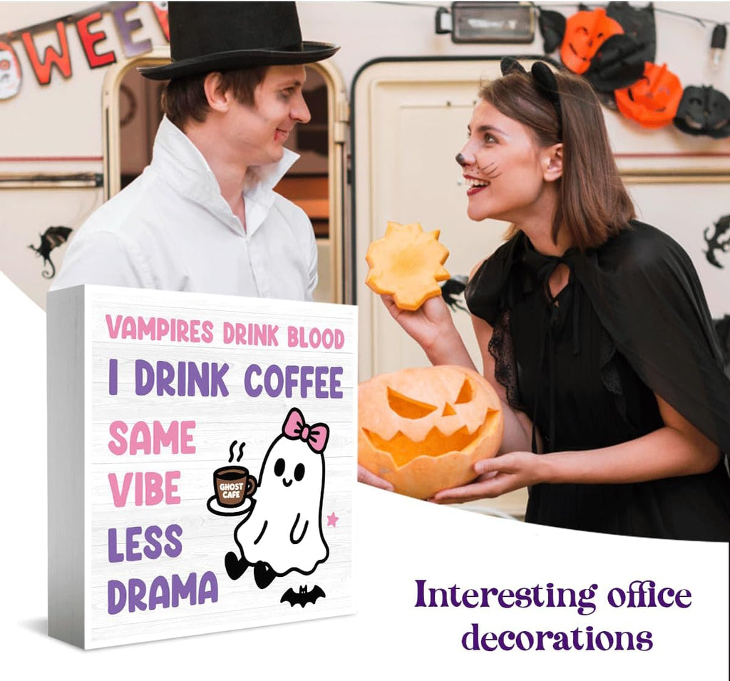 Skiennix Halloween Office Decor - Cute Ghost Coffee Bar Sign for Home & Bedroom | 5x5 Inches